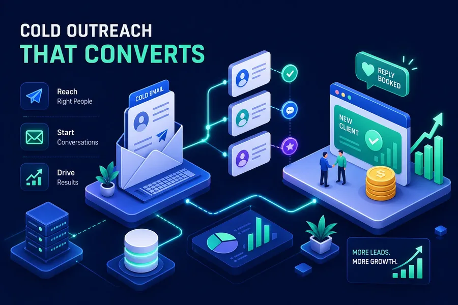 Cold outreach that converts: illustrated flow from cold email to booked meetings and new clients